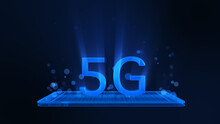 3D Rendering. Blue Wire Frame Particle And 5G Technology Ondark Background.