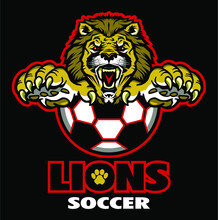 Lions Soccer Team Design With Mascot And Half Ball For School, College Or League