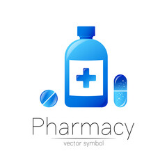 Pharmacy vector symbol of blue bottle with cross and pill tablet capsule for pharmacist, pharma store, doctor and medicine. Modern design vector logo on white background. Pharmaceutical icon logotype