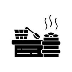 Sticker - Steam room black glyph icon. Sauna recreation, vaporarium silhouette symbol on white space. Steam bath, bathhouse accessories. Water bucket, wooden spoon and heated stones vector isolated illustration