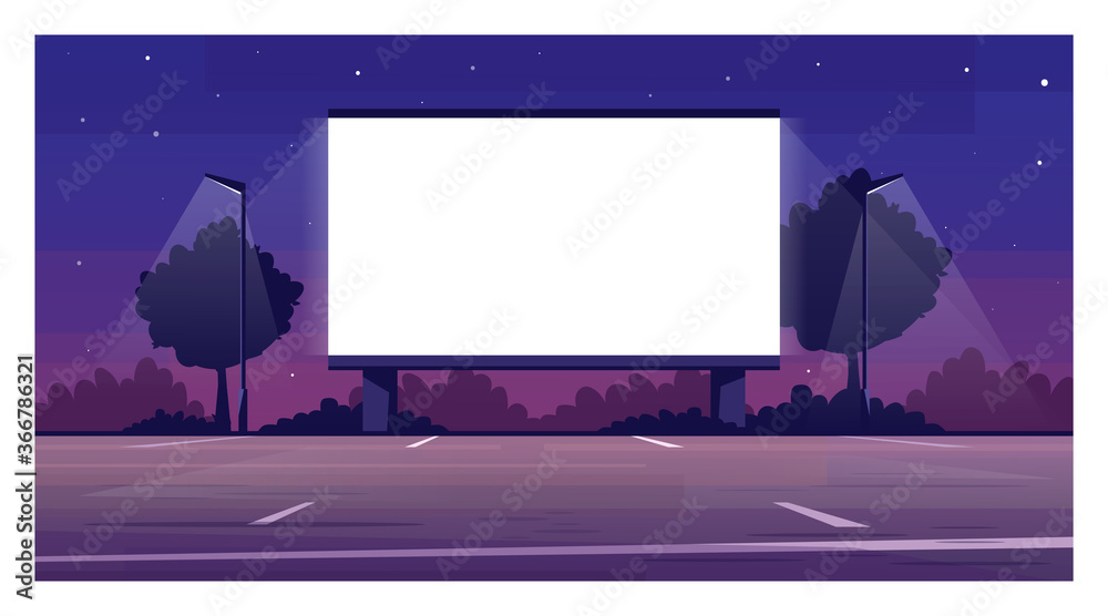 Drive in cinema screen semi flat vector illustration. Empty parking for film premiere outside. Public urban place. Weekend entertainment. Outdoors movie night 2D cartoon scene for commercial use - obrazy, fototapety, plakaty 