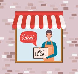 Canvas Print - Man cartoon with shop local banner in store design of retail buy and market theme Vector illustration