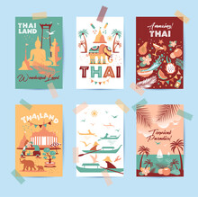 Collection Of Thailand Symbols In Six Cards. Vector Poster. Postcard In Trend Color. Travel Illustration. Web Banner Of Travel In Differente Composition.