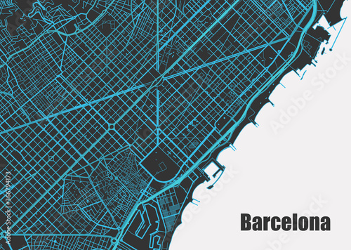 Fotomural Stylish vector high-tech map of Barcelona. with blue streets