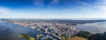 Downtown Vancouver, British Columbia, Canada. Aerial Panoramic View Of The Modern Urban City, Stanley Park, Harbour And Port. Viewed From Airplane Above During A Sunny Day.