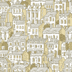  Vector hand drawn houses seamless pattern.