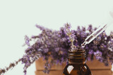 Fototapeta  - Dropper bottle with lavender essential oil and defocused lavender flowers as background with copyspace for text. Trendy toned photo for your blog or presentation