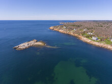 Historic Coastal Buildings And Normans Woe Rock Aerial View On Gloucester Harbor In Village Of Magnolia In Gloucester, Cape Ann, Massachusetts MA, USA.