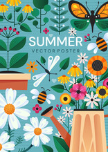 Summer Poster Design With Colorful Garden Flowers, A Watering Can And Insects Over A Blue Background, Colored Vector Illustration