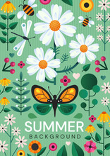 Summer Poster Design With Colorful Wild Meadow Flowers, And Flying Insects Over A Green Background, Colored Vector Illustration