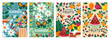 Four different colorful summer poster designs with garden flowers, insects and healthy fresh seasonal fruit, colored vector illustration