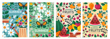 Four Different Colorful Summer Poster Designs With Garden Flowers, Insects And Healthy Fresh Seasonal Fruit, Colored Vector Illustration