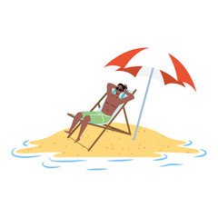 Sticker - afro man relaxing on the beach seated in chair and umbrella