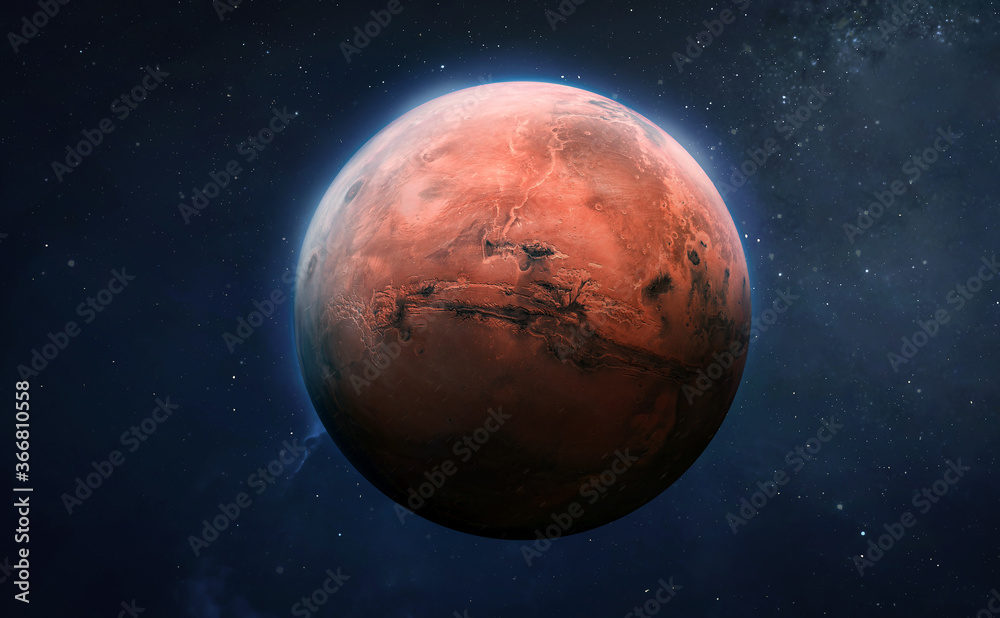 Red planet Mars surface. Exploration and expedition on red planet. Elements of this image furnished by NASA - obrazy, fototapety, plakaty 