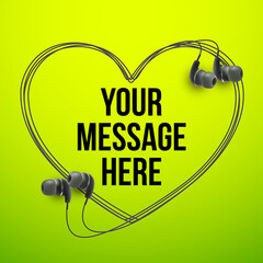 Wall Mural - Innovative vector music quotation template in headphones quotes on the Green backdrop. Creative vector banner illustration with quote in a frame with Black quotes. Template modern headset design.