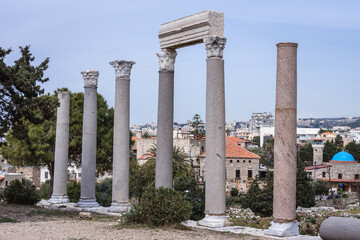 Poster - Roman columns in archaeological area around castle in Byblos, Lebanon, one of the oldest continuously inhabited cities in the world