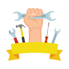 Sticker - hand with wrench key and tools frame