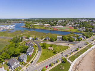 Annisquam River Estuary aerial view at Gloucester Harbor in Gloucester, Cape Ann, Massachusetts MA, USA. The river is connected to Gloucester Harbor by Blynman Canal.