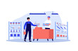 © Bro Vector - Male customer buying construction tools in store. Man standing at cash register counter and paying cash. illustration for hardware construction shop, building worker, home repair concept