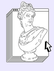 Poster - Surreal retrofuturistic vector illustration of user interface with Roman antique statue in cartoon anime or manga style.