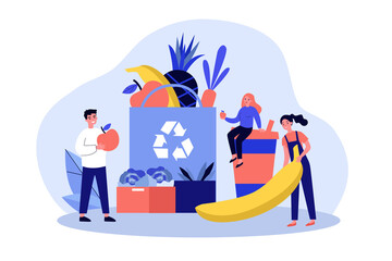 People putting organic food into eco friendly bag with recycling sign. Shoppers with fresh fruits and plastic cup. illustration for sustainable development, zero waste, reuse concept