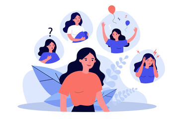 Woman suffering from mood changes. Female character feeling various emotions, celebrating, crying, getting distracted. illustration for behavior disorder, stress, mental disease concept