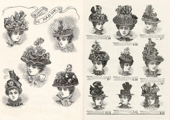 Wall Mural - Hats elegant woman Vintage fashion magazine engraving Paris 1897