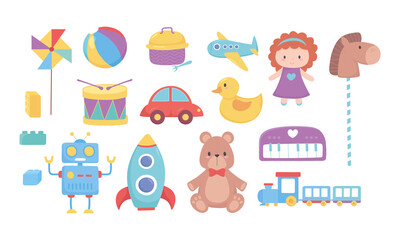 Canvas Print - kids toys bear doll horse car train drum robot rocket ball plane icons cartoon