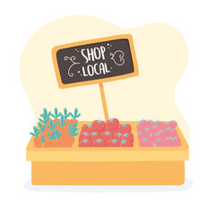 Sticker - support local business, shop small market, fresh natural organic products on counter