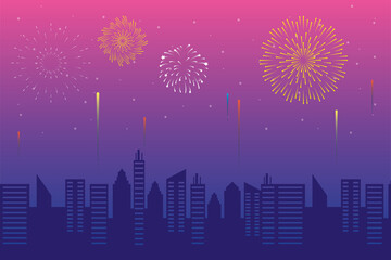 Sticker - Fireworks burst explosions with citycape in pink sky background