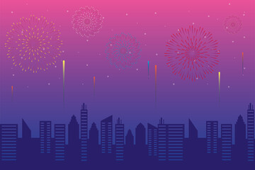 Sticker - Fireworks burst explosions with citycape in pink sky background