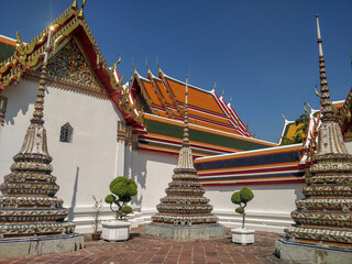 Bangkok, Thailand - January 1st 2020: Ancient Stupas and pagoda in Wat Pho temple.