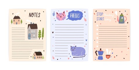 Poster - Set of childish, cute agenda, appointment notebook page with place for text. Empty to do list, planner sheets with animal, house, teapot. Flat vector cartoon illustration isolated on white background