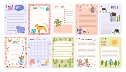 Poster - Childish cute agenda set, appointment notebook page with place for text. Empty sheets for to do list decorated with animal, house, plant. Flat vector cartoon illustration isolated on white background