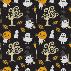 Seamless pattern hand drawn spooky ghost and pumpkin