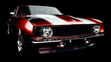 3D Illustration. Muscle Red Car Rendering Isolated On Black Background. Vintage Classic Sport Car. Car Show. Wheels. Bumper. Front Perspective View. Chevrolet Camaro. Realistic 3D Rendering.