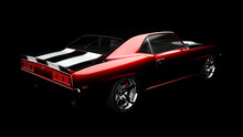 3D Illustration. Muscle Red Car Rendering Isolated On Black Background. Vintage Classic Sport Car. Car Show. Wheels. Bumper. Front Perspective View. Chevrolet Camaro.	
