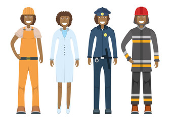 Character doctor, policeman, worker, firefighter standing isolated on white, flat vector illustration. Human female important professional activity, smiling people.