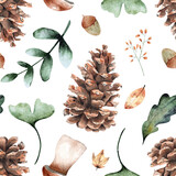 Fototapeta Lawenda - seamless watercolor autumn pattern with pine cones and leaves