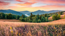 Panoramic Morning View Of The Valley Of Lacul Dragan Lake, Cluj County, Romania. Astonishing Summer Sunrise On Apuseni Mountains. Beauty Of Nature Concept Background.