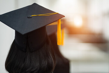 Review of the success university graduate hat during commencement. Concept of successful in education. University congratulation ceremony. Education stock photo.