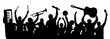 © nosyrevy - Group of cheerful musicians. Crowd of people raised their hands up. People are holding musical instruments above their heads. Silhouette vector
