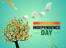 India Flag With Tree And Flying Pigeon. Vector Illustration Of 15th August India Happy Independence Day.