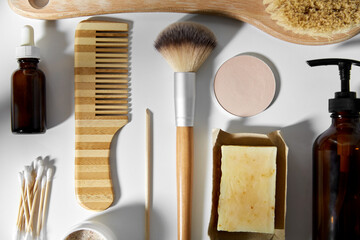 beauty, sustainability and eco living concept - natural cosmetics and bodycare eco products on white background