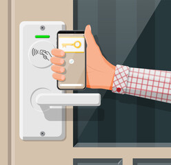 Poster - Electronic lock security device at office or home door. Hand with smartphone with id card application. Access control machine, time attendance. Proximity card reader. Flat vector illustration