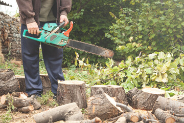 Wall Mural - Man cutting wood with a chainsaw.