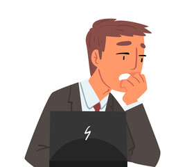 Sticker - Businessman Sitting in front of Computer, Stressed Male Office Manager Working with Laptop Vector Illustration Isolated on White Background