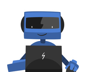 Sticker - Robot Sitting in front of Computer, Friendly Android Working with Laptop, Artificial Intelligence Concept Vector Illustration