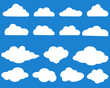 Cloud vector icon symbols set. White clouds cartoon shape drawing flat style on blue sky abstract background, graphic vector illustration element for website, logo, web banner, sticker and design
