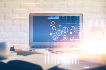 Fototapete - Multi exposure of desktop computer and technology theme hologram. Concept of software development.